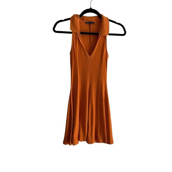 Zara Women S Orange Ribbed Sporty Sleeveless V-Neck Lapel Collar Skater Dress - Picture 3 of 9
